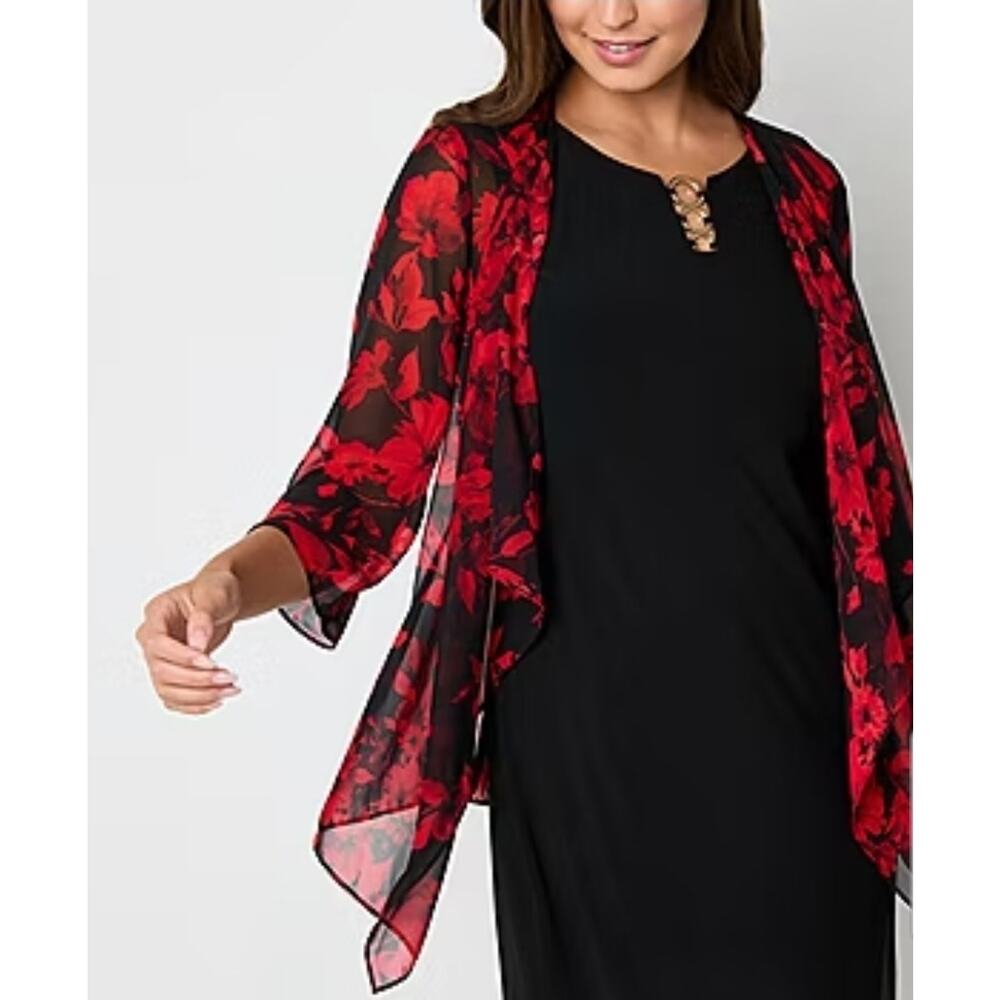 Size 6 Black Floral Jacket Dress Career, Church, or Cocktail Event Set Red Black